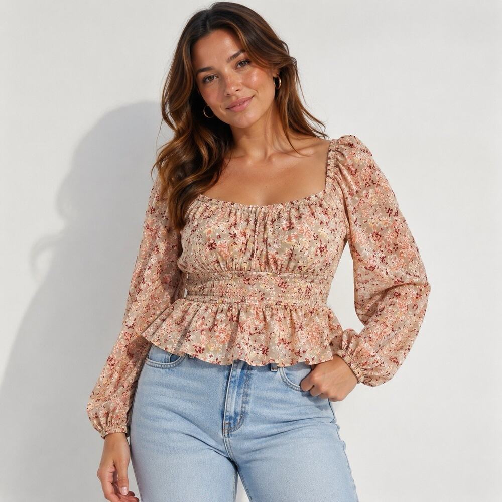 Planet Heart Floral Puff Sleeve Peplum Blouse Women’s L NWT Cottagecore